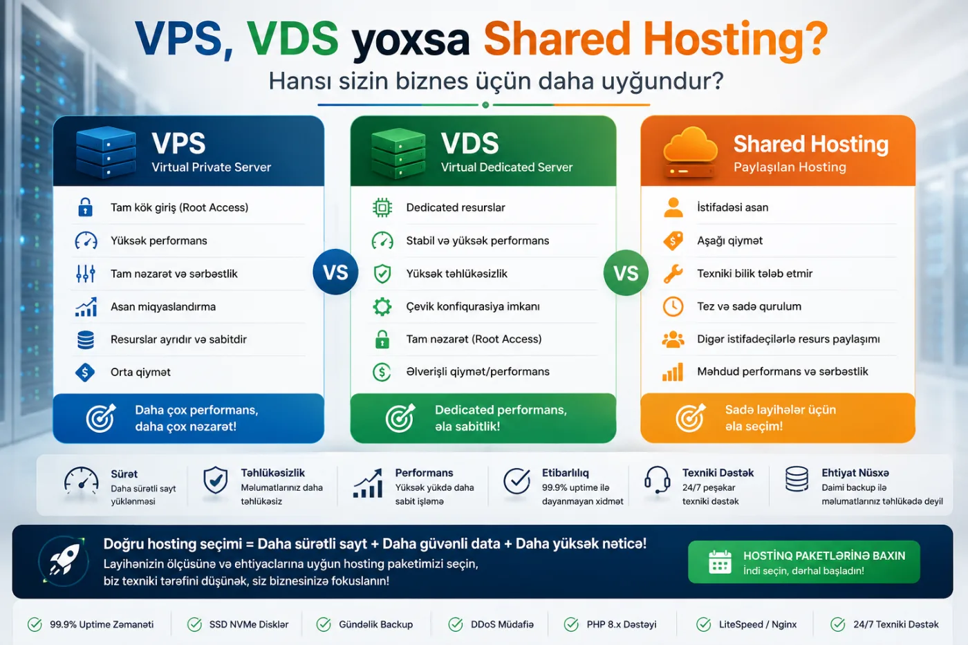 VPS, VDS yoxsa Shared Hosting? Hansı sizin biznes üçün daha uyğundur?